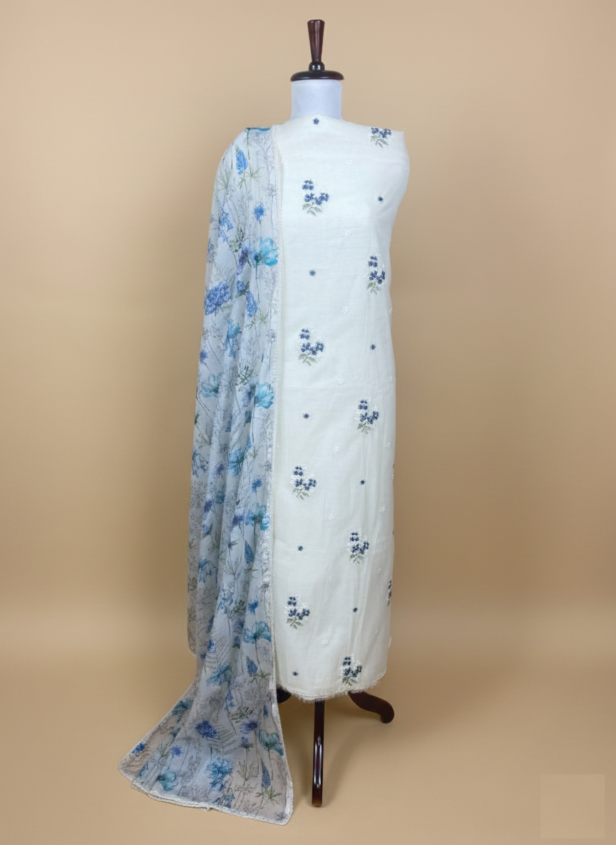 Off White Mulmul Chanderi Thread Embroidery Suit with Floral Dupatta