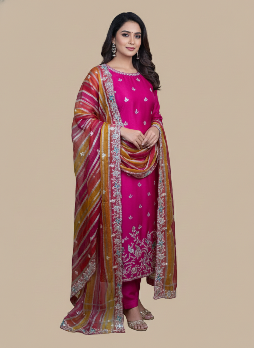 Pure Organza with Pitta Applique Embroidery with multicolour Dupatta