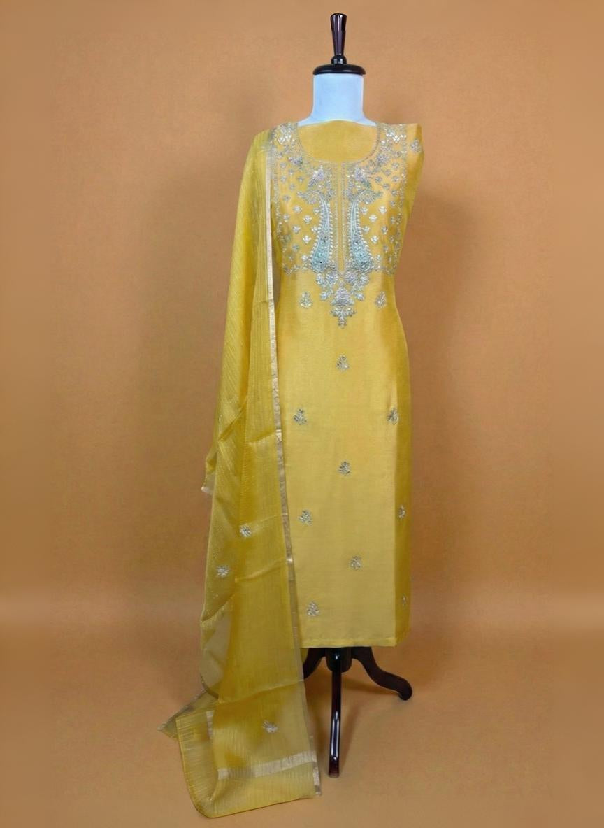 Mango Yellow Pure Tissue with Gotta Patti Embroidery Suit