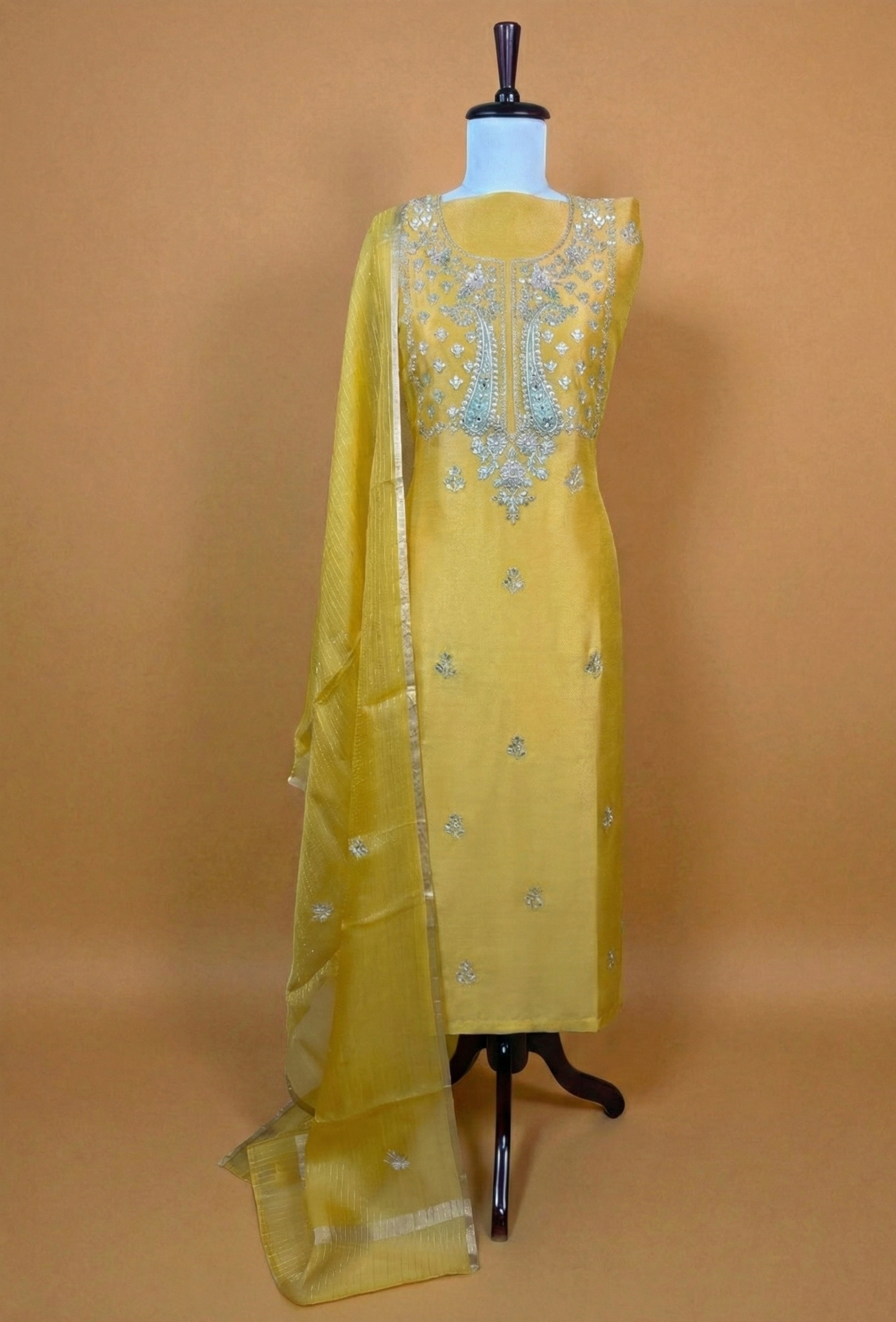 Mango Yellow Pure Tissue with Gotta Patti Embroidery Suit