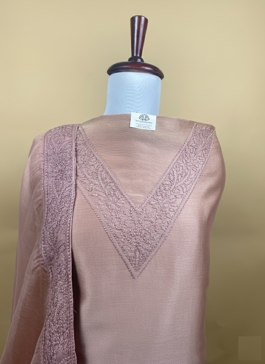Beige Mulmul Chanderi Thread Embroidery Suit with Orgenza Dupatta