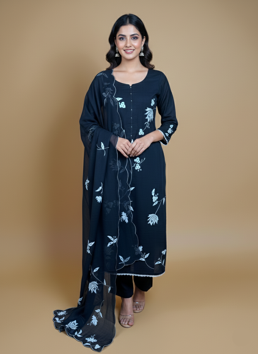 Mulmul Chanderi Suit with Appliqué Floral Embroidery Suit