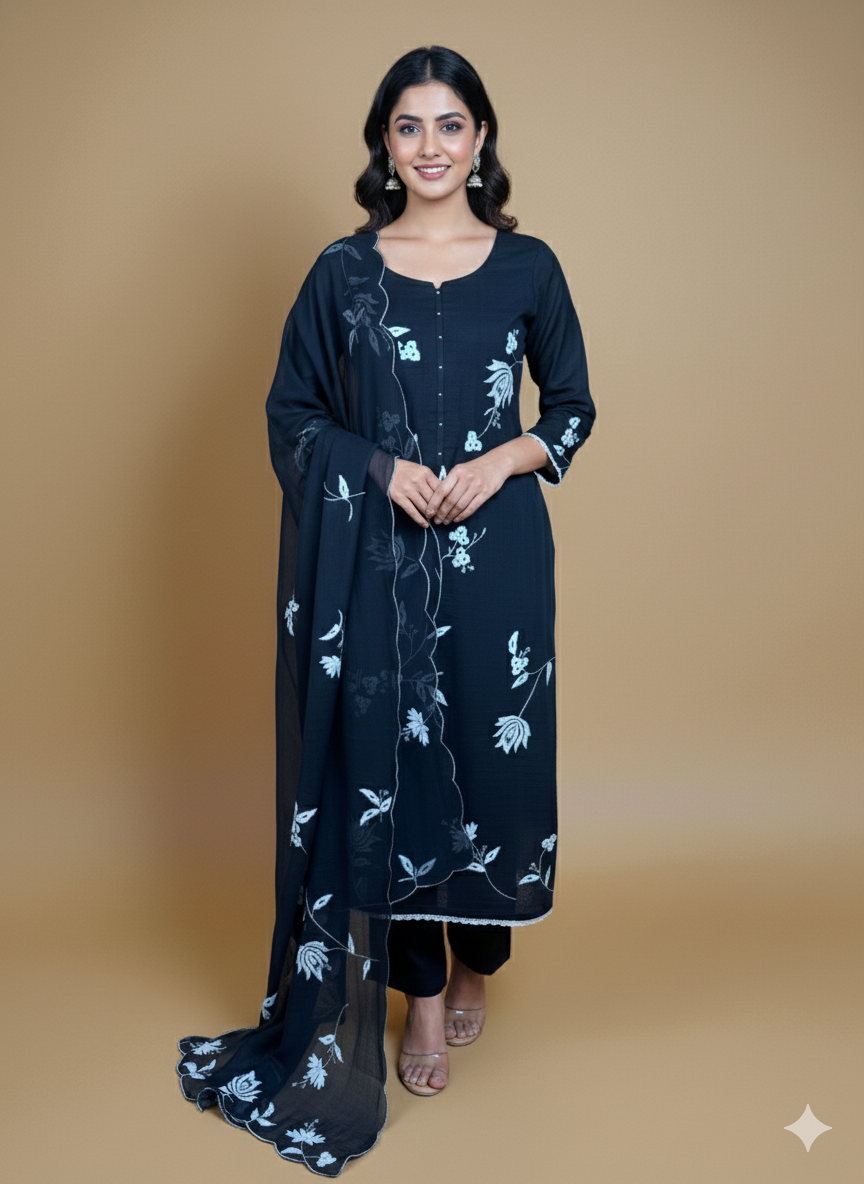 Mulmul Chanderi Suit with Appliqué Floral Embroidery Suit
