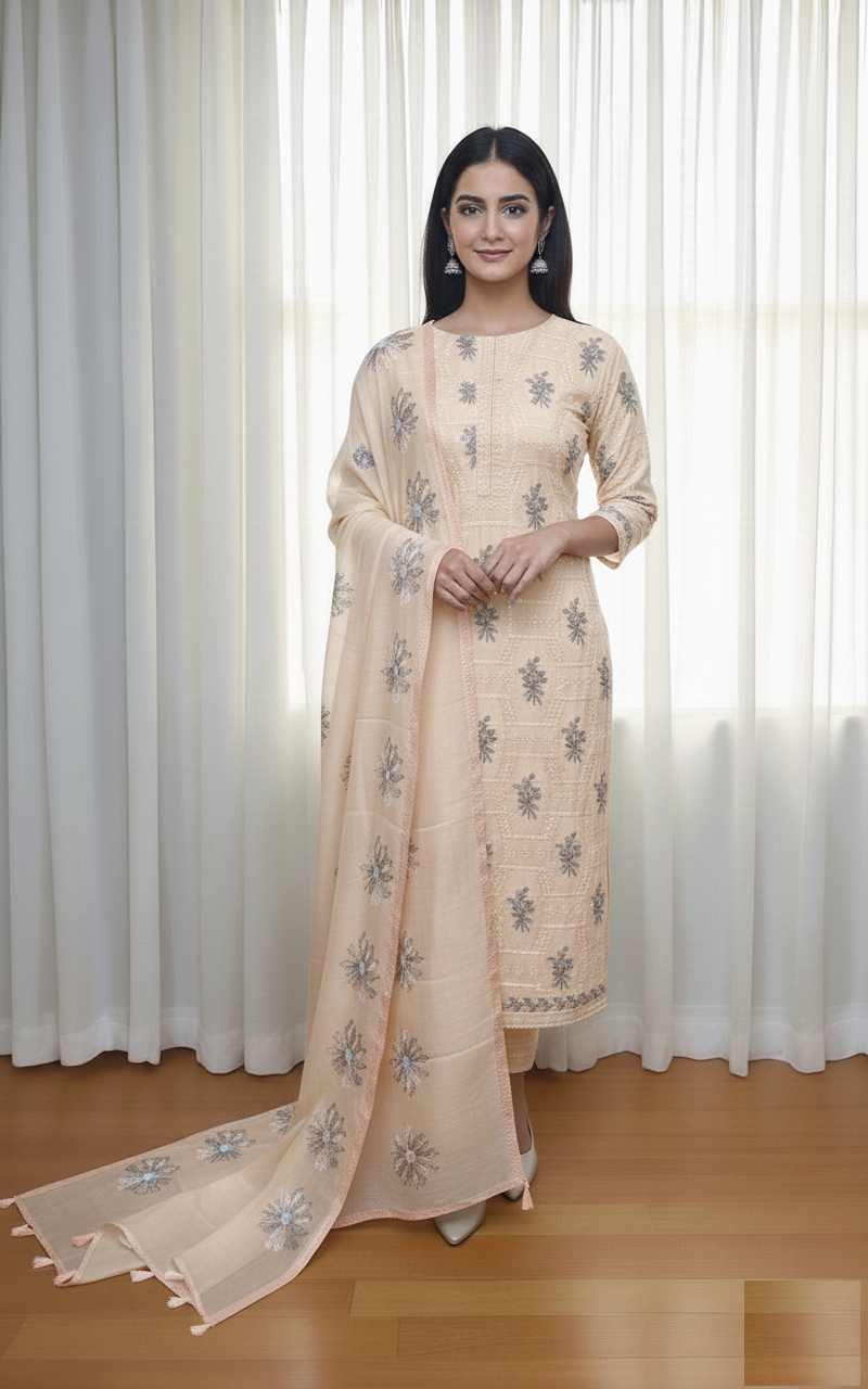 Mulmul Chanderi Thread Embroidery Suit With Dupatta