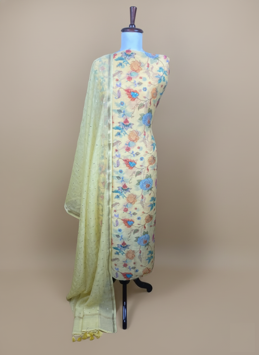 Pure Mulmul Chanderi Floral Printed Embroidery Suit