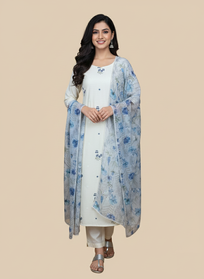 Off White Mulmul Chanderi Thread Embroidery Suit with Floral Dupatta