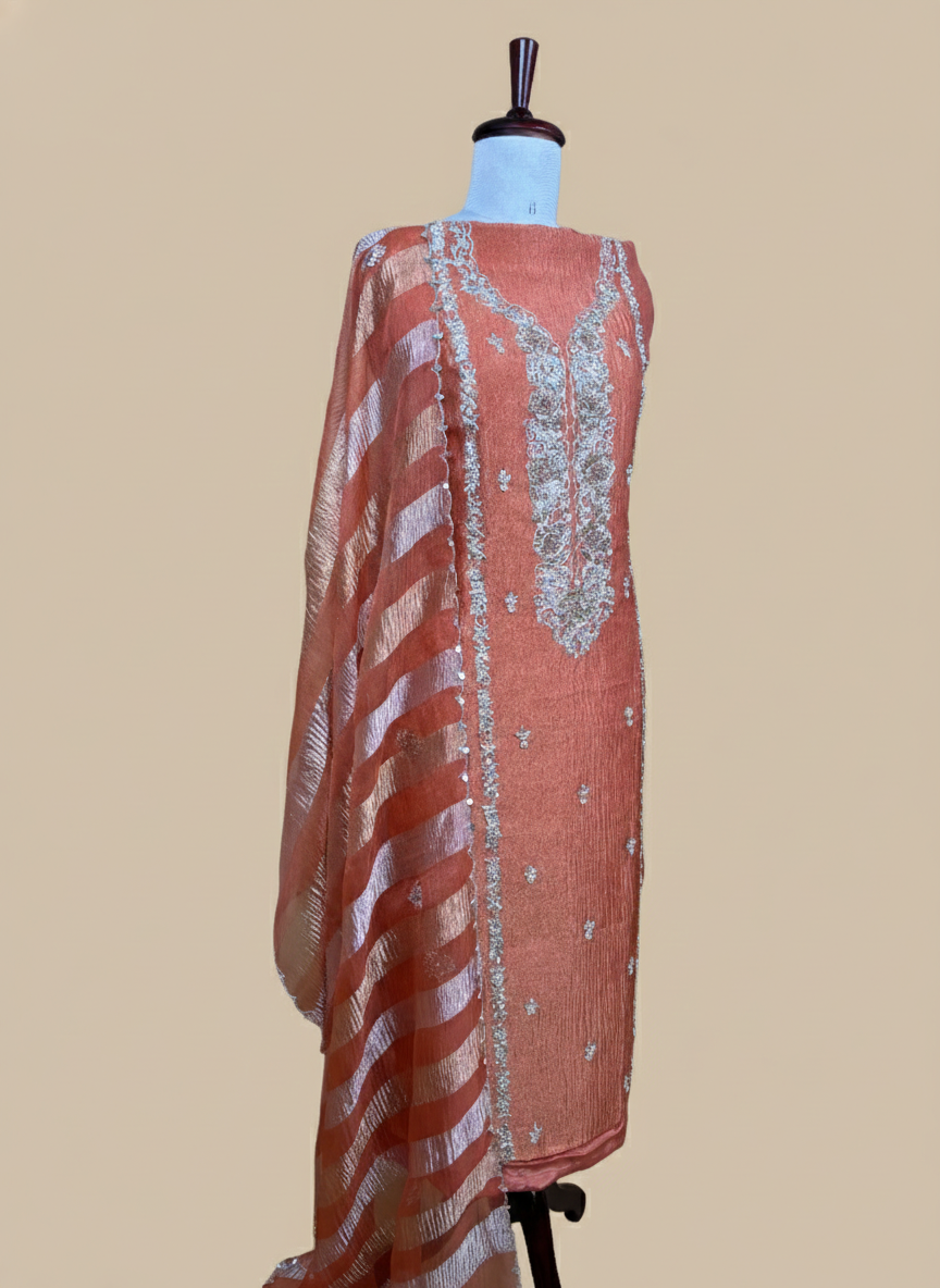 Bright Orange Pure Tissue with Zardozi Frenchknot Pearl Hand Embroidery Suit