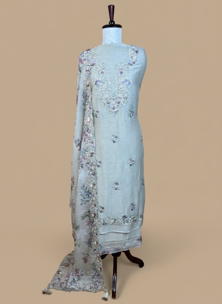 Mulmul Chanderi Embroidery Suit with Printed floral Organza Dupatta