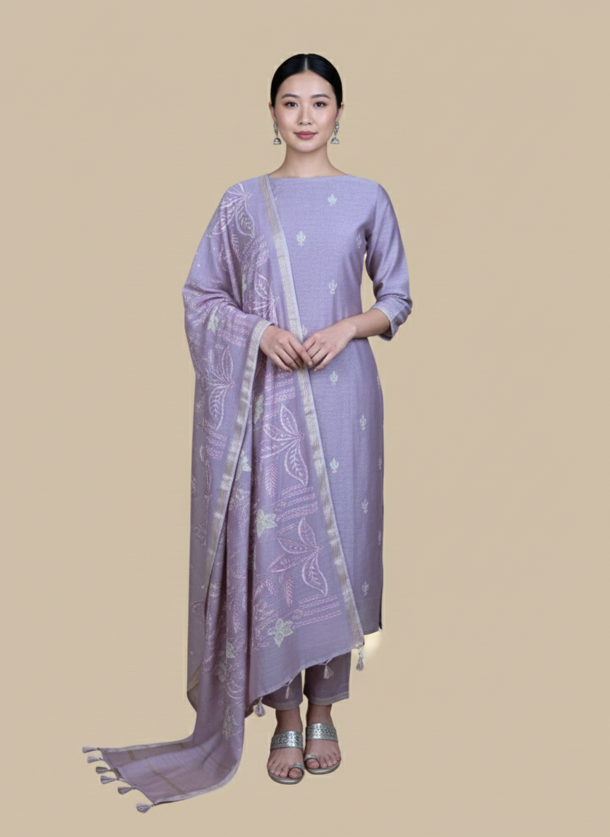 Mauve Mulmul Chanderi with Applique Embroidery Suit