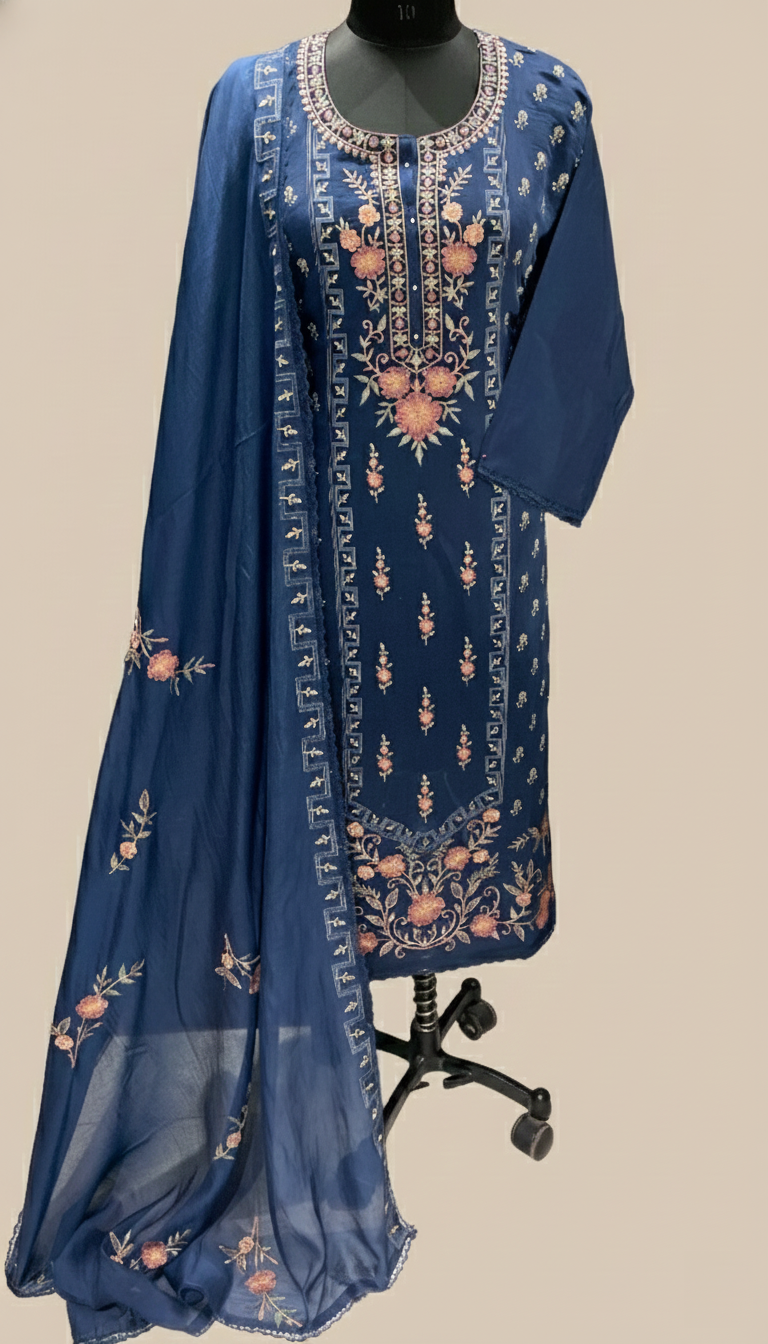 Mulmul chanderi Zari and Thread Embroidery Suit with Dupatta