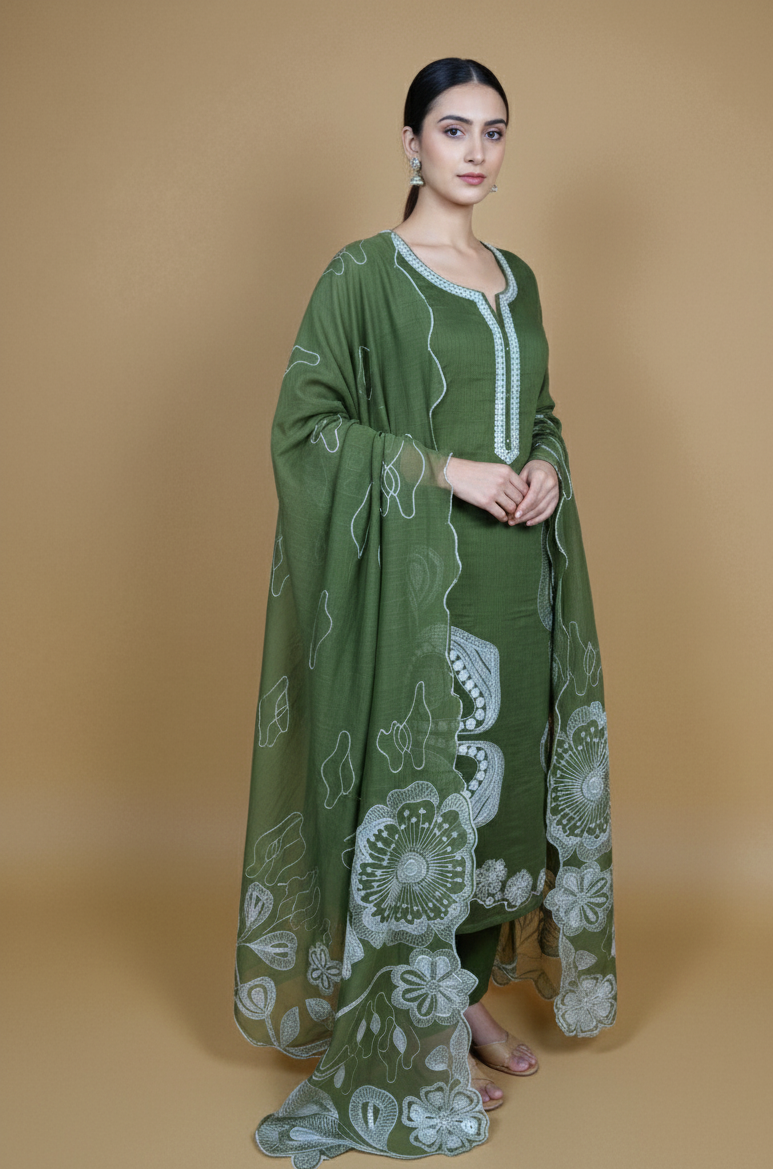 Mehandi Green Mumlmul Chanderi Embroidery Dori Sequence work Suit