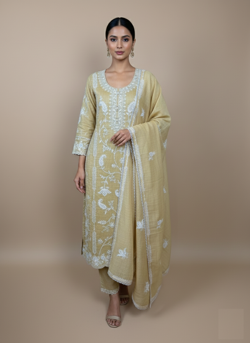 Pure Mulmul Chanderi with Applique Thread Embroidery with Laces