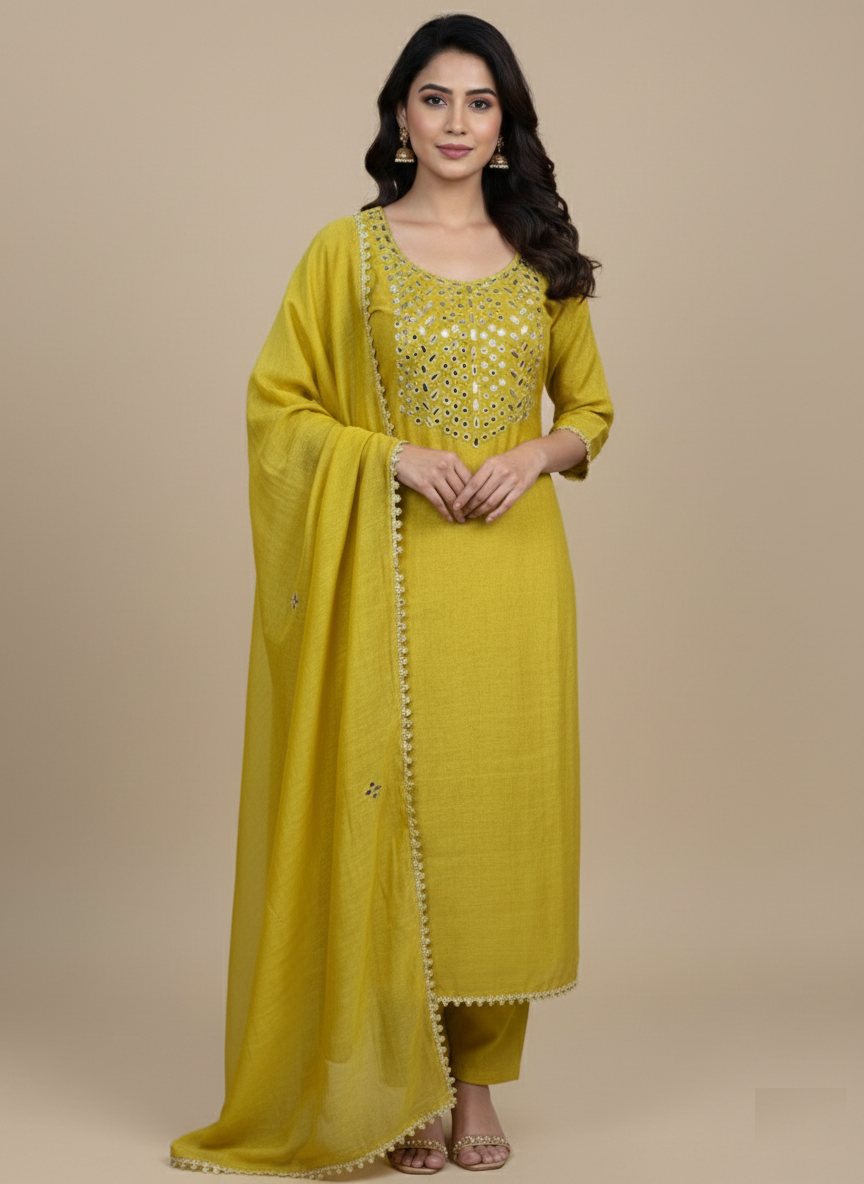 Pure Mulmul Chanderi Mirror and Thread Embroidery Suit Set