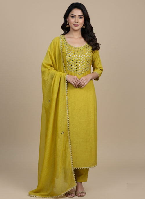 Pure Mulmul Chanderi Mirror and Thread Embroidery Suit Set