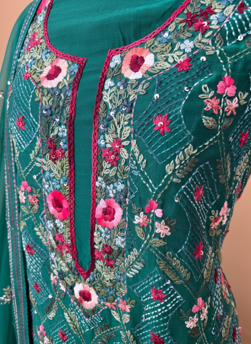 Pure Mulmul Chanderi Multicolor Kantha Hand Embroidery Suit