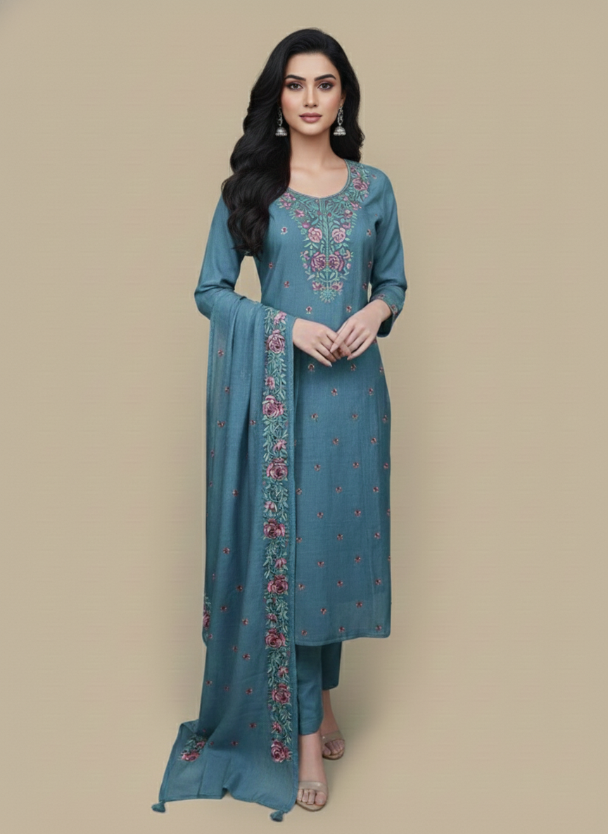 Pure Mulmul Chanderi Sequence work with thread Embroidery Suit