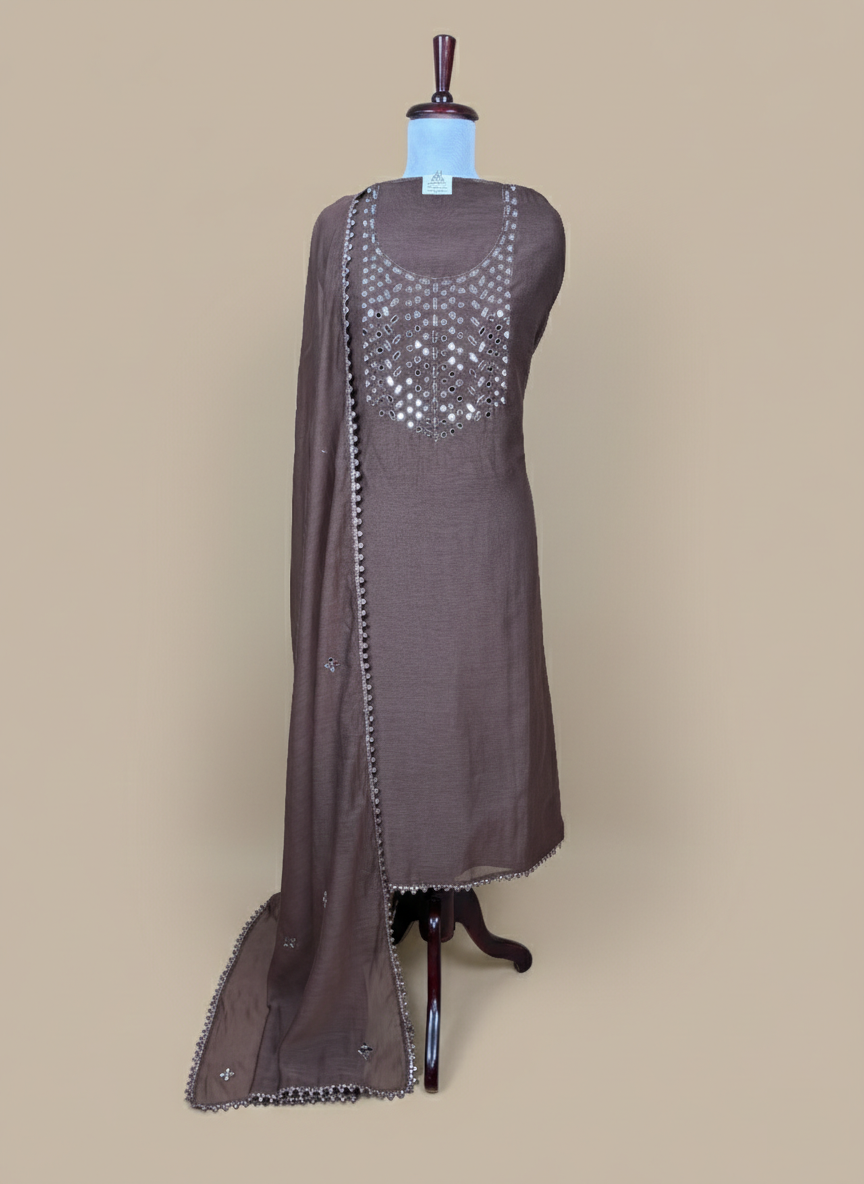 Pure Mulmul Chanderi Mirror and Thread Embroidery Suit Set