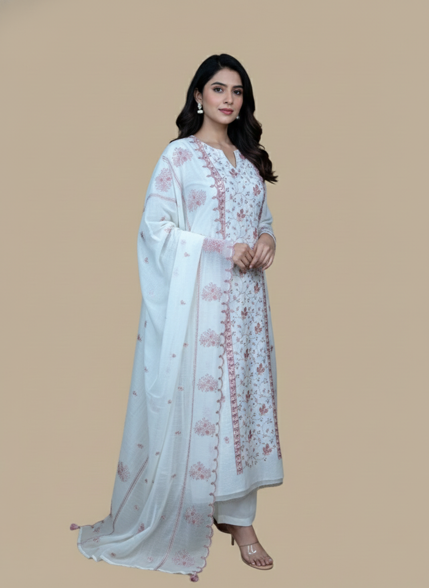 White Mulmul Chanderi Thread Embroidery Suit