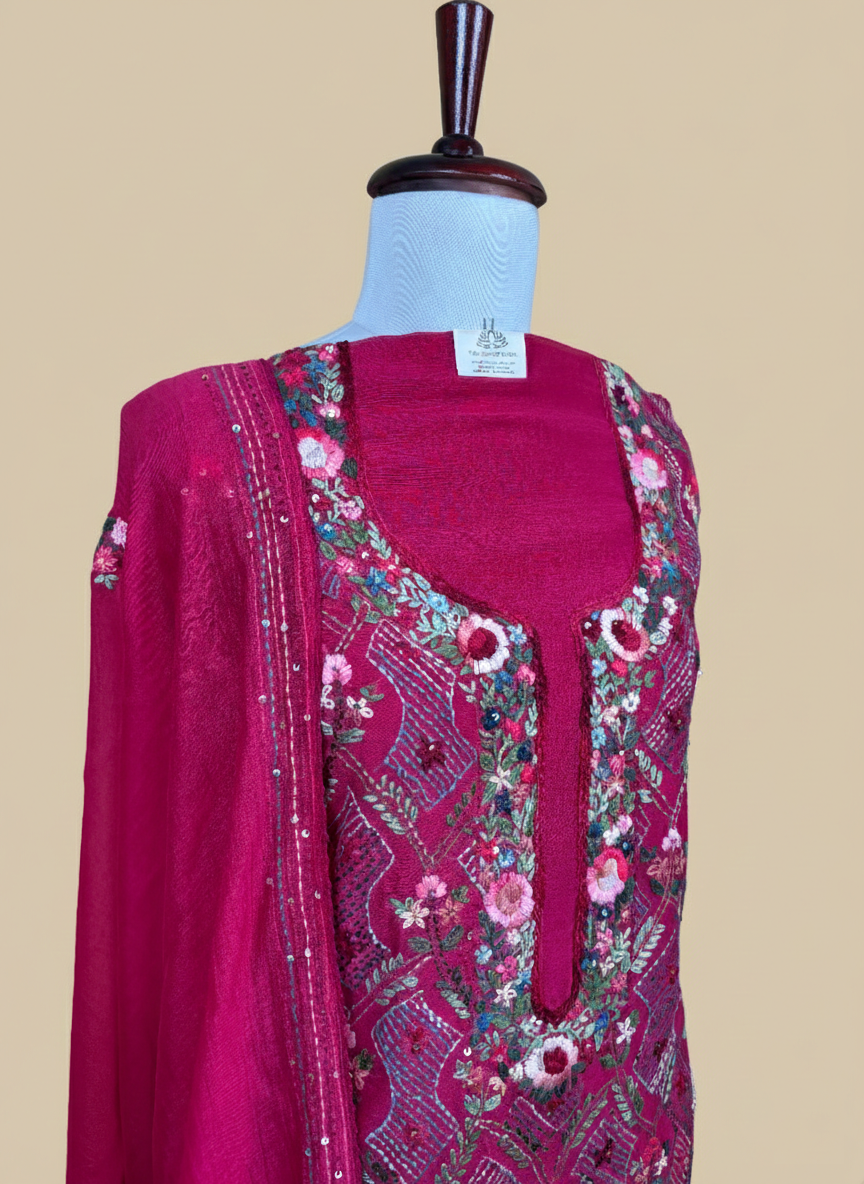 Pure Mulmul Chanderi Multicolor Kantha Hand Embroidery Suit