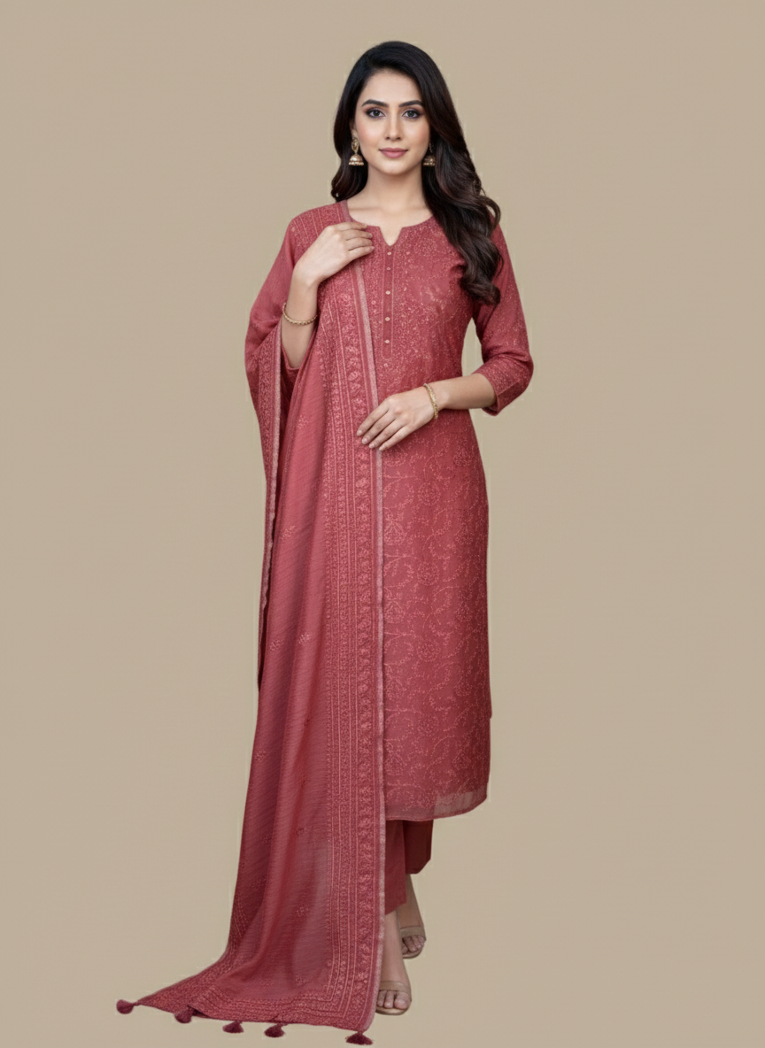 Rust Mulmul Chanderi Thread Jaal Embroidery Suit