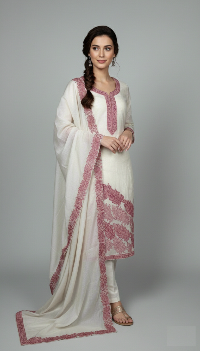 White Mulmul Chanderi suit with soft leaves patchwork embroidery