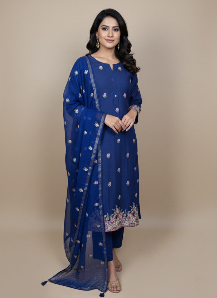 Pure Mulmul Chanderi Multicolor Floral Embroidery Suit