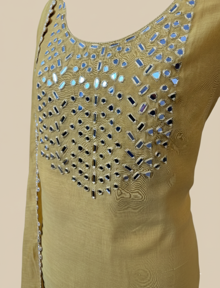 Pure Mulmul Chanderi Mirror and Thread Embroidery Suit Set