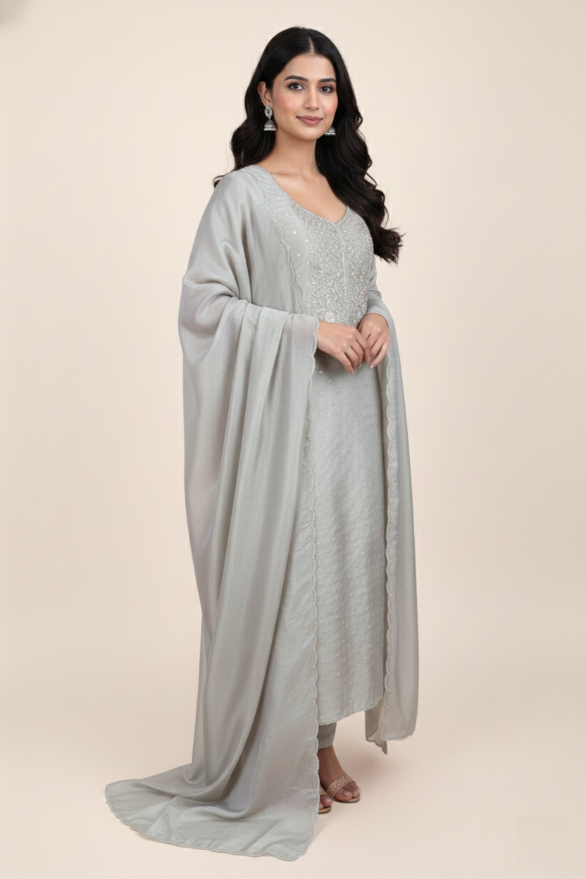 Pure Tissue with Banarasi Weave and Bead,Pearl and Zardozi Embroidery Suit