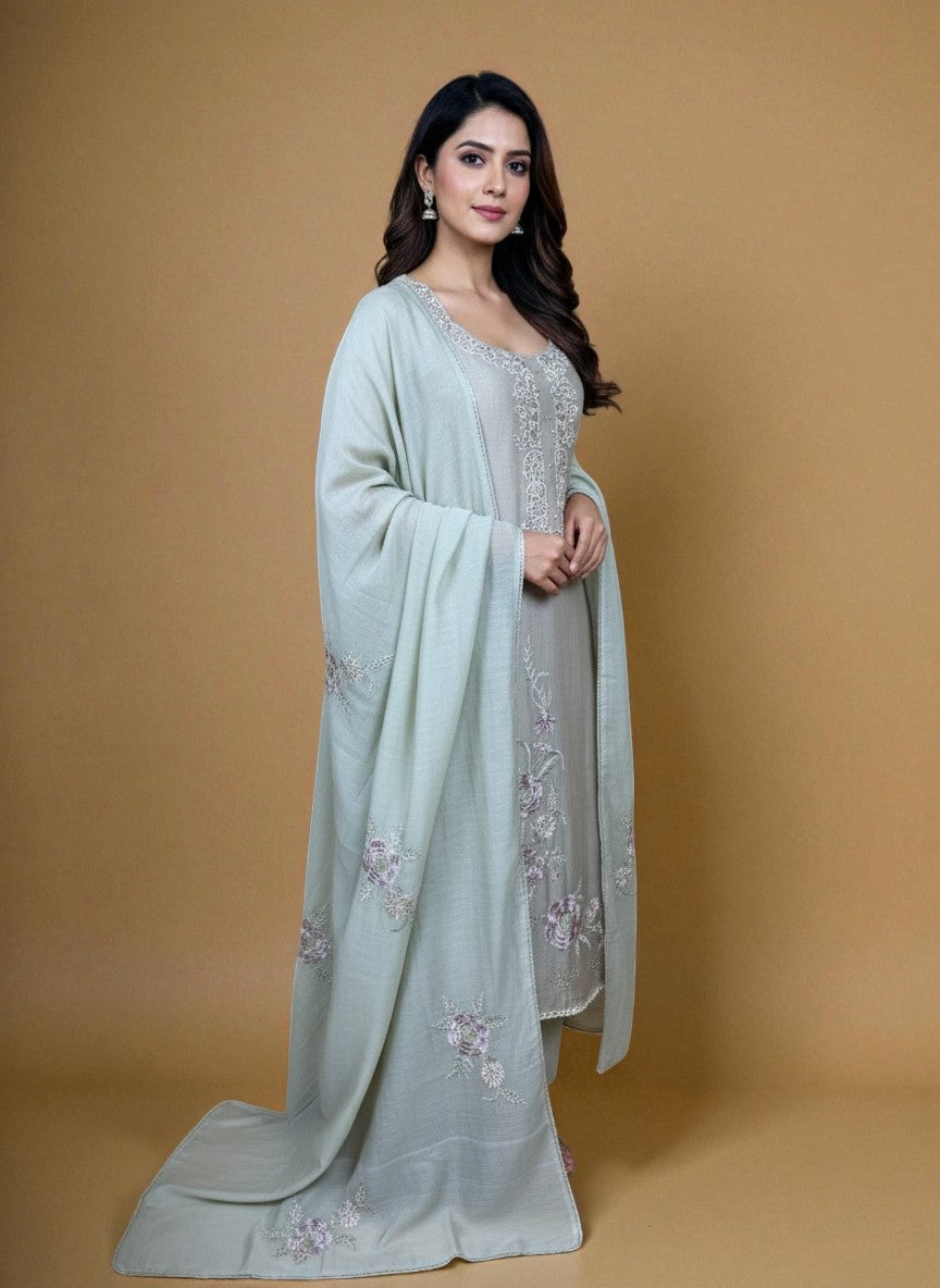 Beige Mulmul Chanderi Thread Embroidery Kurta Suit