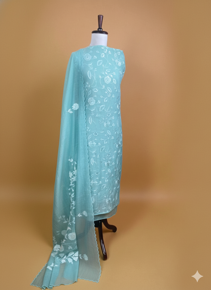 Mulmul Chanderi Floral Thread Work Embroidery Suit