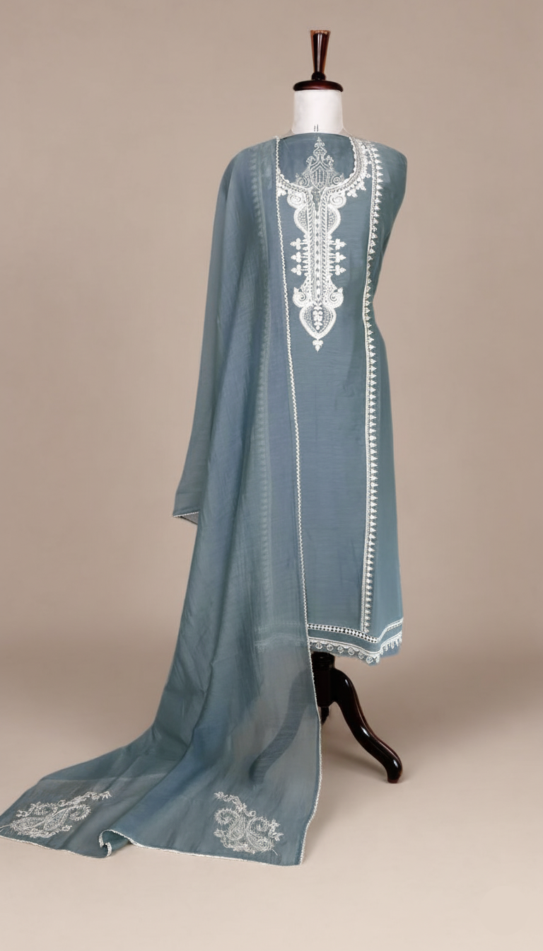 English Blue Pure Mulmul Chanderi Unstitched Suit With White Dori Embroidery