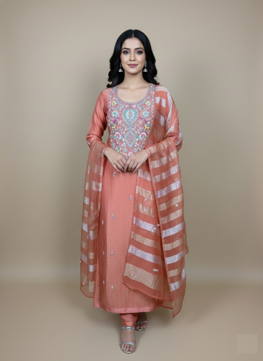 Pure Crinkled Tissue with Zardozi Frenchknot Pearl and Dori Embroidery Suit