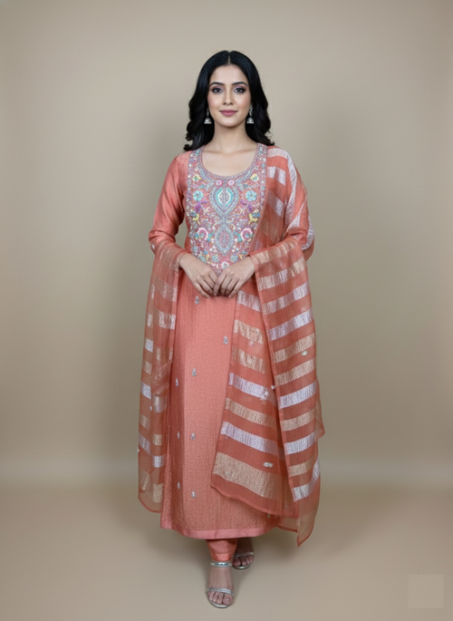 Pure Crinkled Tissue with Zardozi Frenchknot Pearl and Dori Embroidery Suit