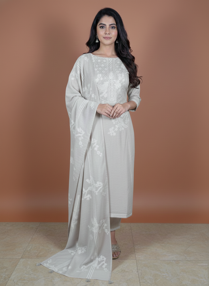 Pure Mulmul Chanderi with stripes and birds embroidery Suit