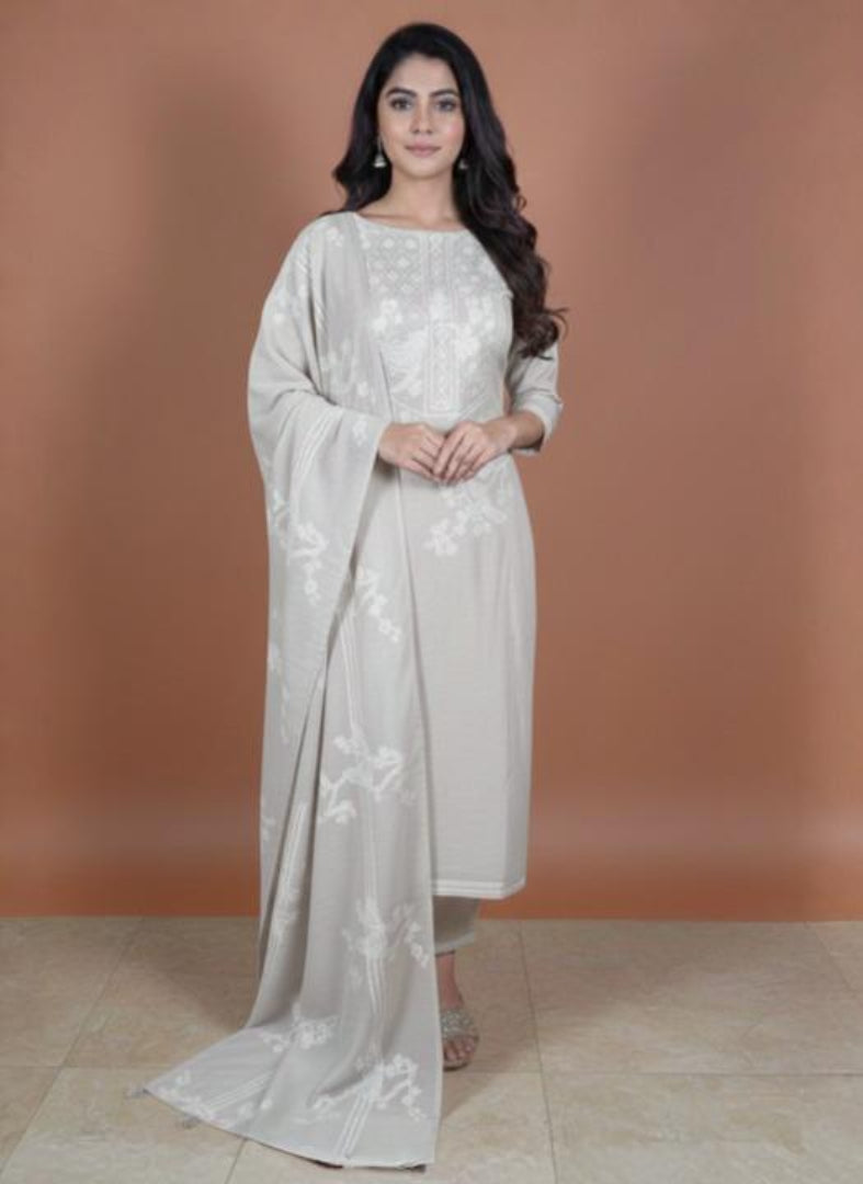 Pure Mulmul Chanderi with stripes and birds embroidery Suit