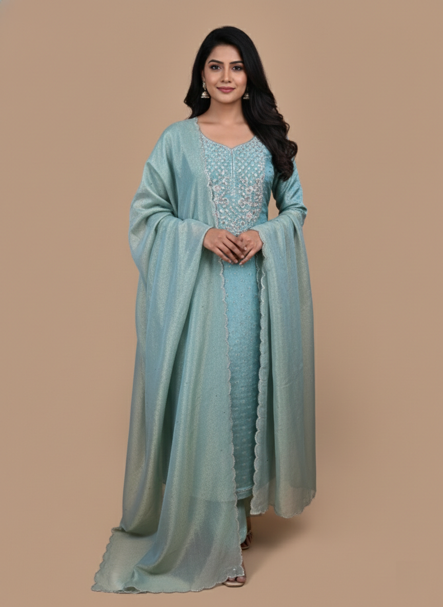 Pure Tissue with Banarasi Weave and Bead,Pearl and Zardozi Embroidery Suit