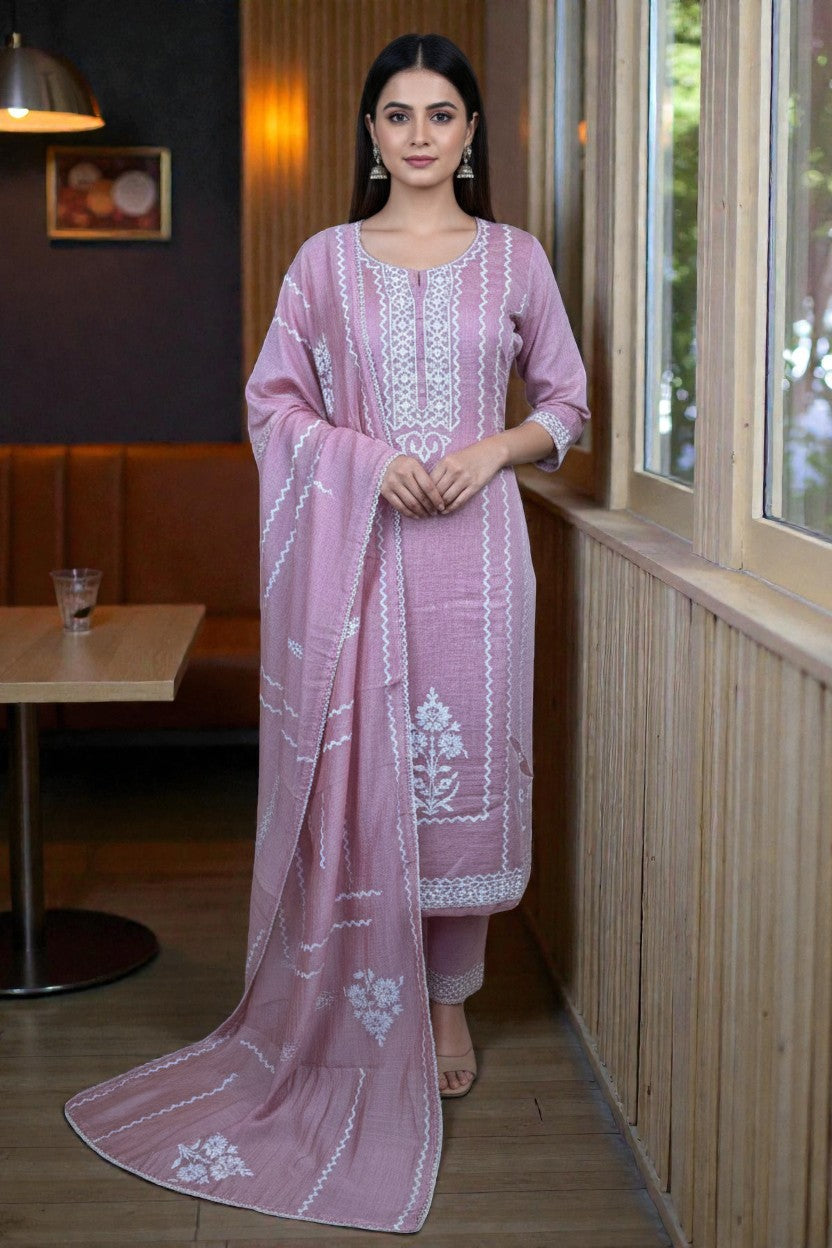 Mulmul Chanderi Applique Suit with Dupatta