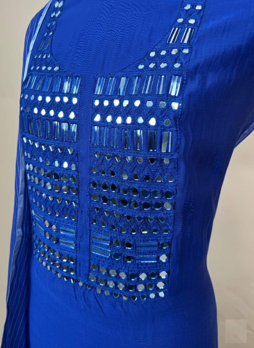 Pure Mulmul Chanderi Mirror and Thread Embroidery Suit Set