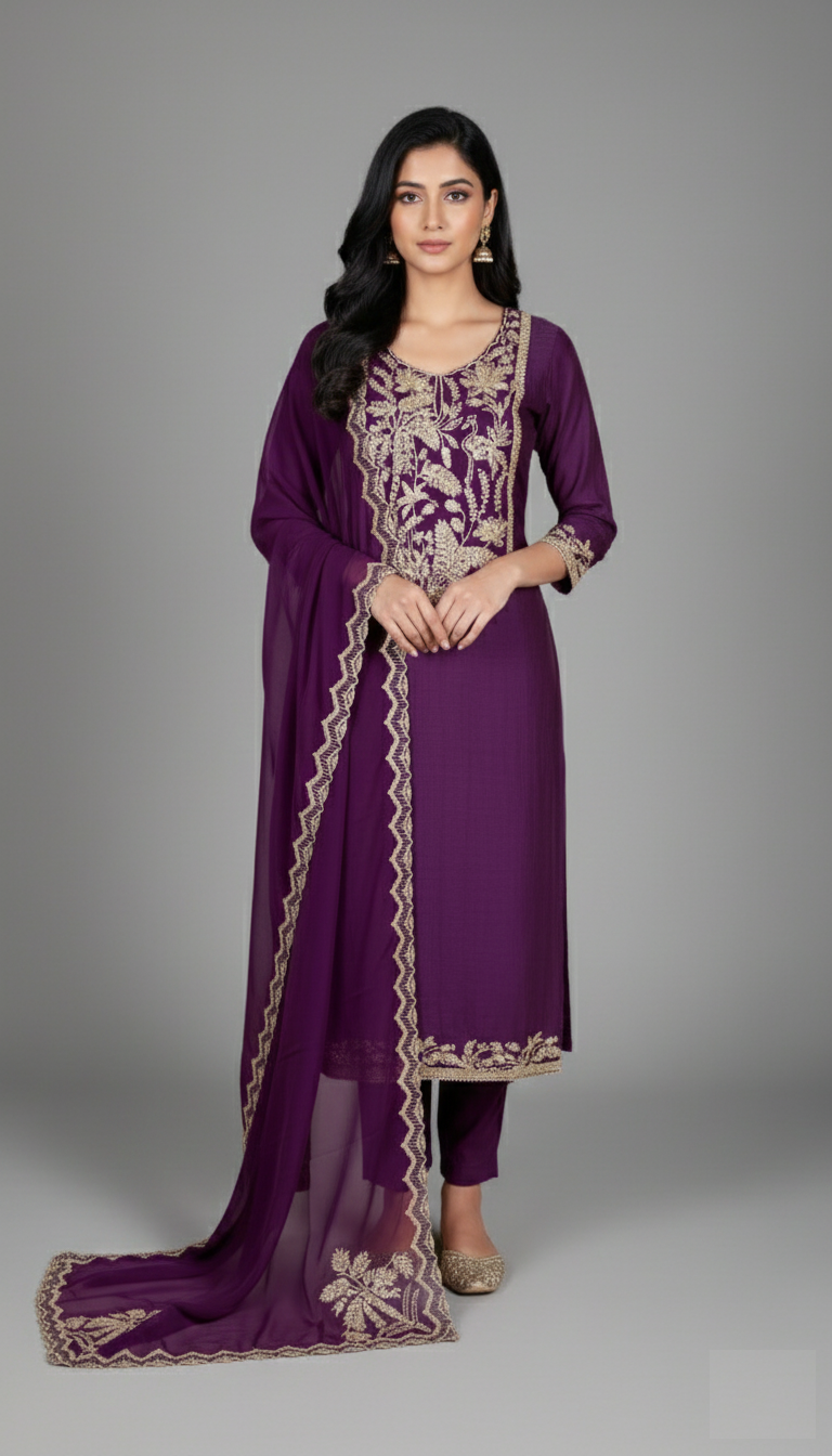 Mulmul Chanderi with Organza dupatta with Zari Embroidery Suit
