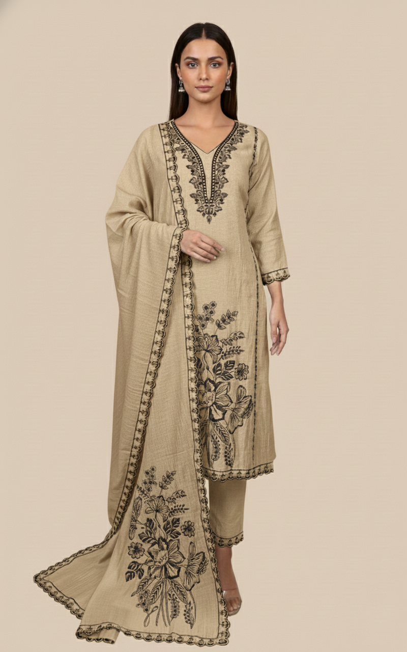 Mulmul Chanderi with Black Thread Embroidery Suit