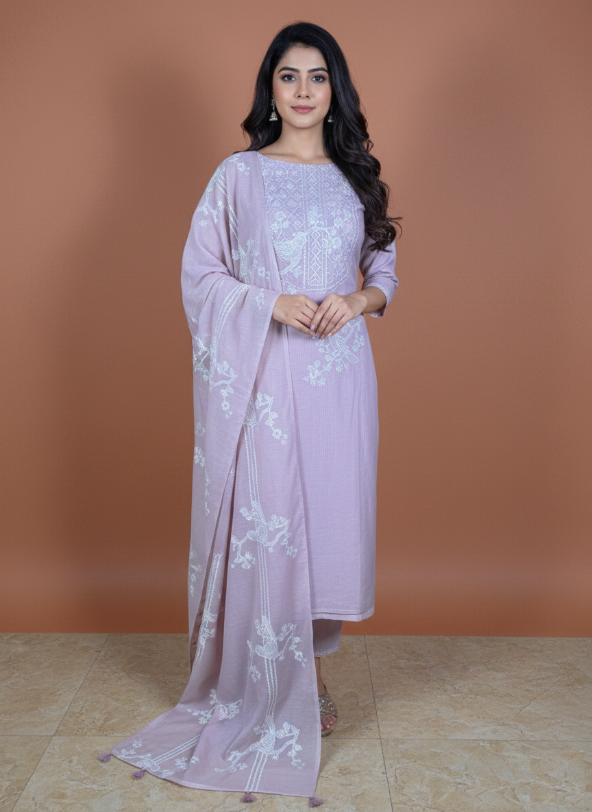 Pure Mulmul Chanderi with stripes and birds embroidery Suit