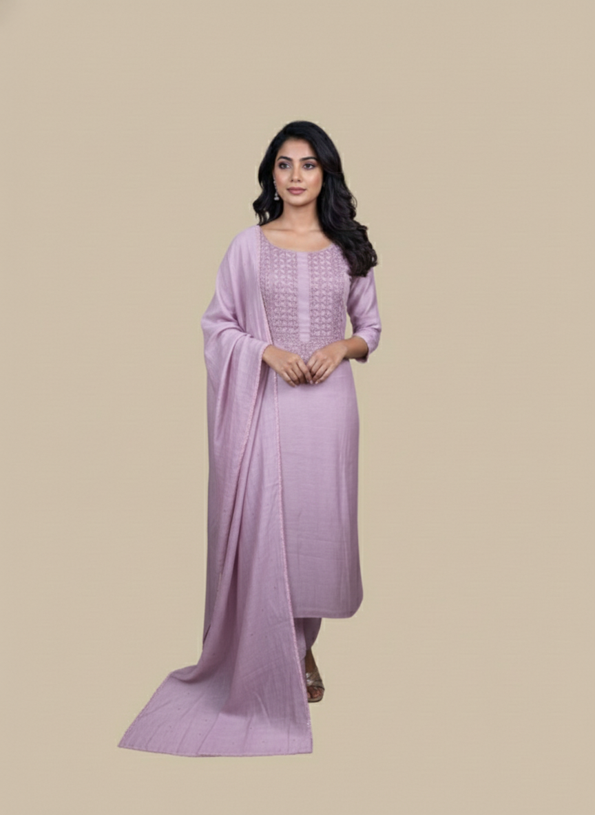 Mulmul Chanderi Sequence Thread and Pearl Embroidery Suit With Dupatta