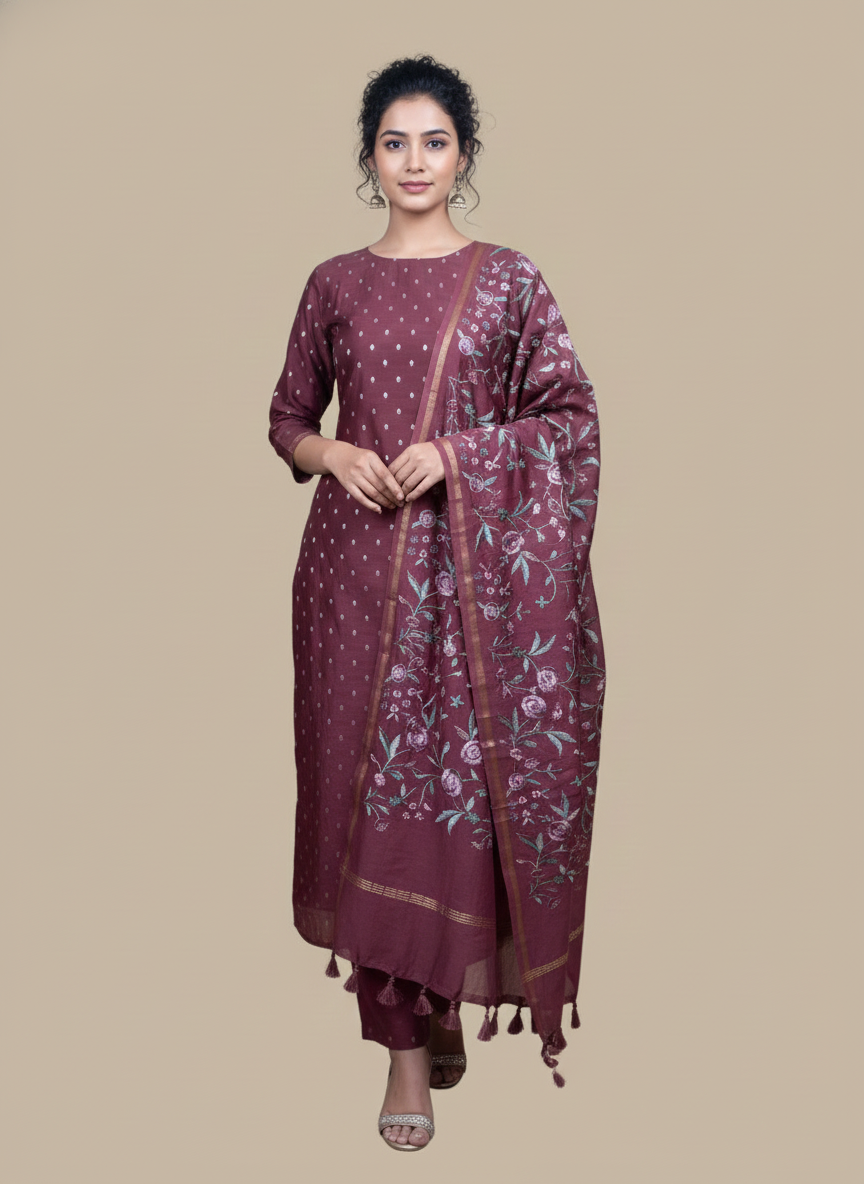 Mulmul Chanderi Banarasi Weave Embroidery with Floral Dupatta