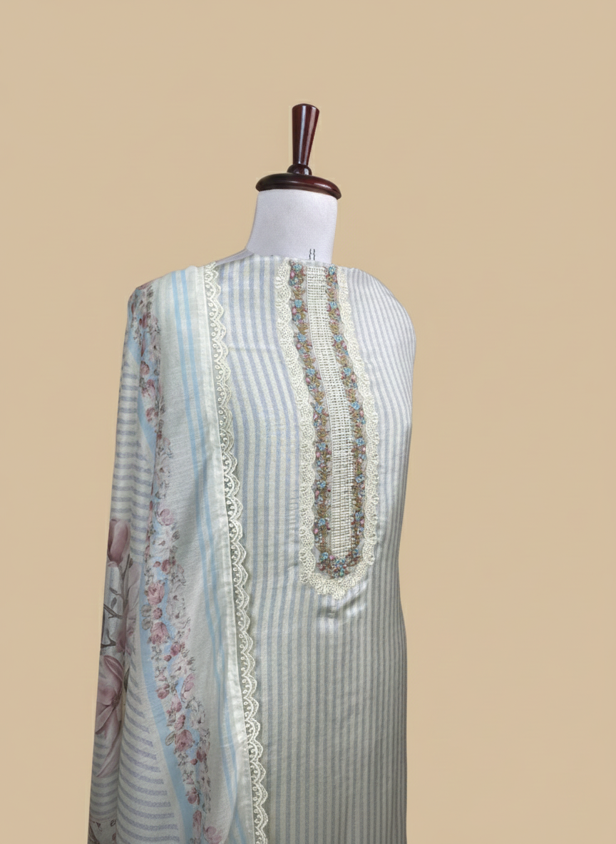 Mulmul Chanderi Embroidery Suit with Printed Floral Dupatta