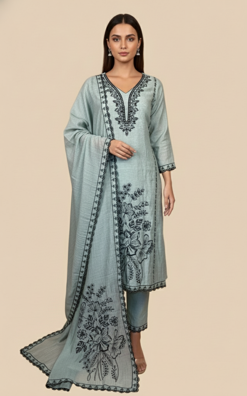 Beige Pure Mulmul Chanderi Embroidery Suit with Dupatta-6