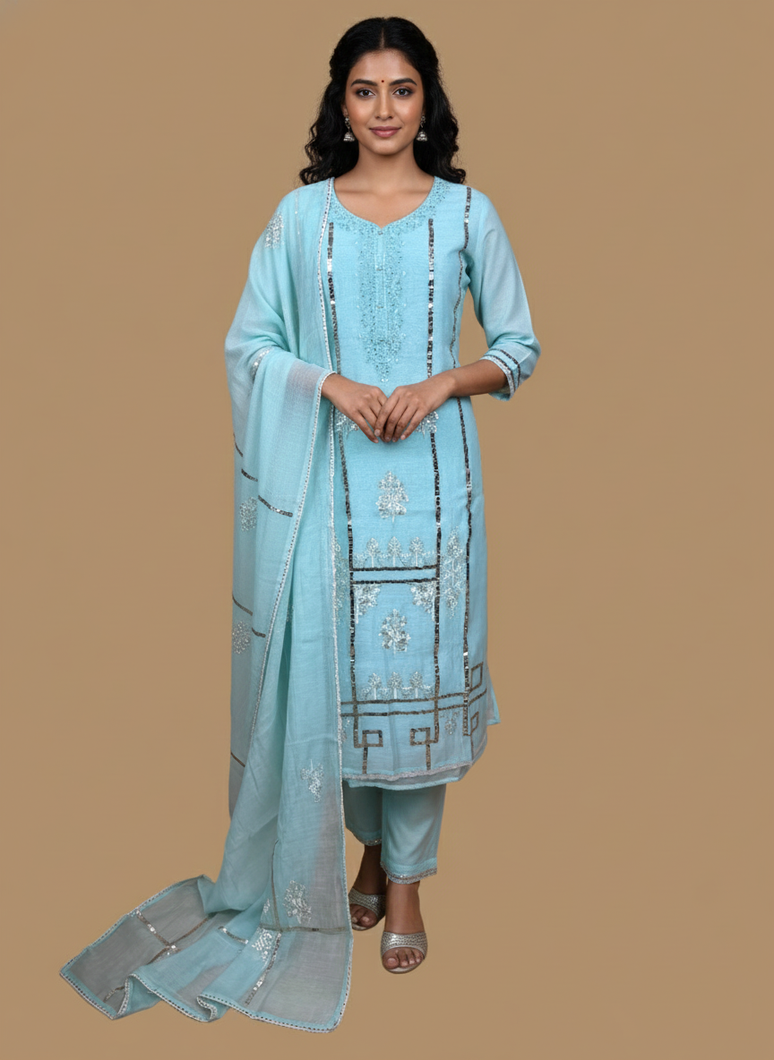 Sea Green Pure Mulmul Chanderi Embroidery Suit with Dupatta