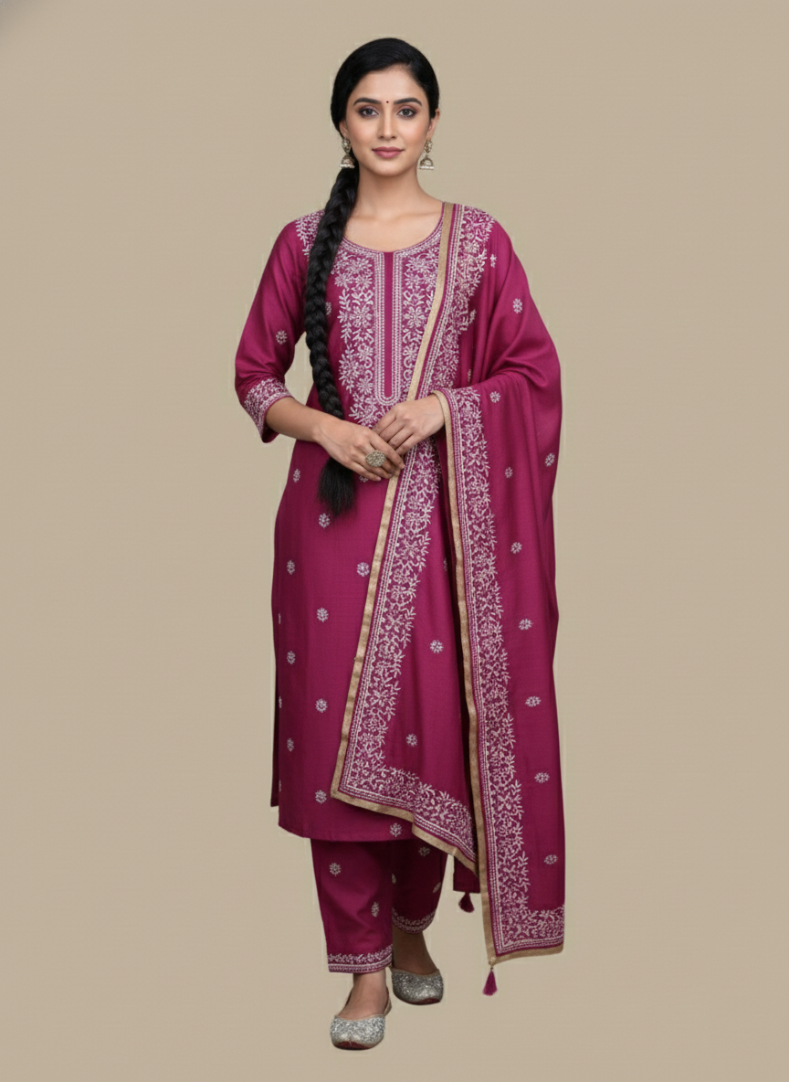 Mulmul Chanderi Sequence and floral work Embroidery Suit