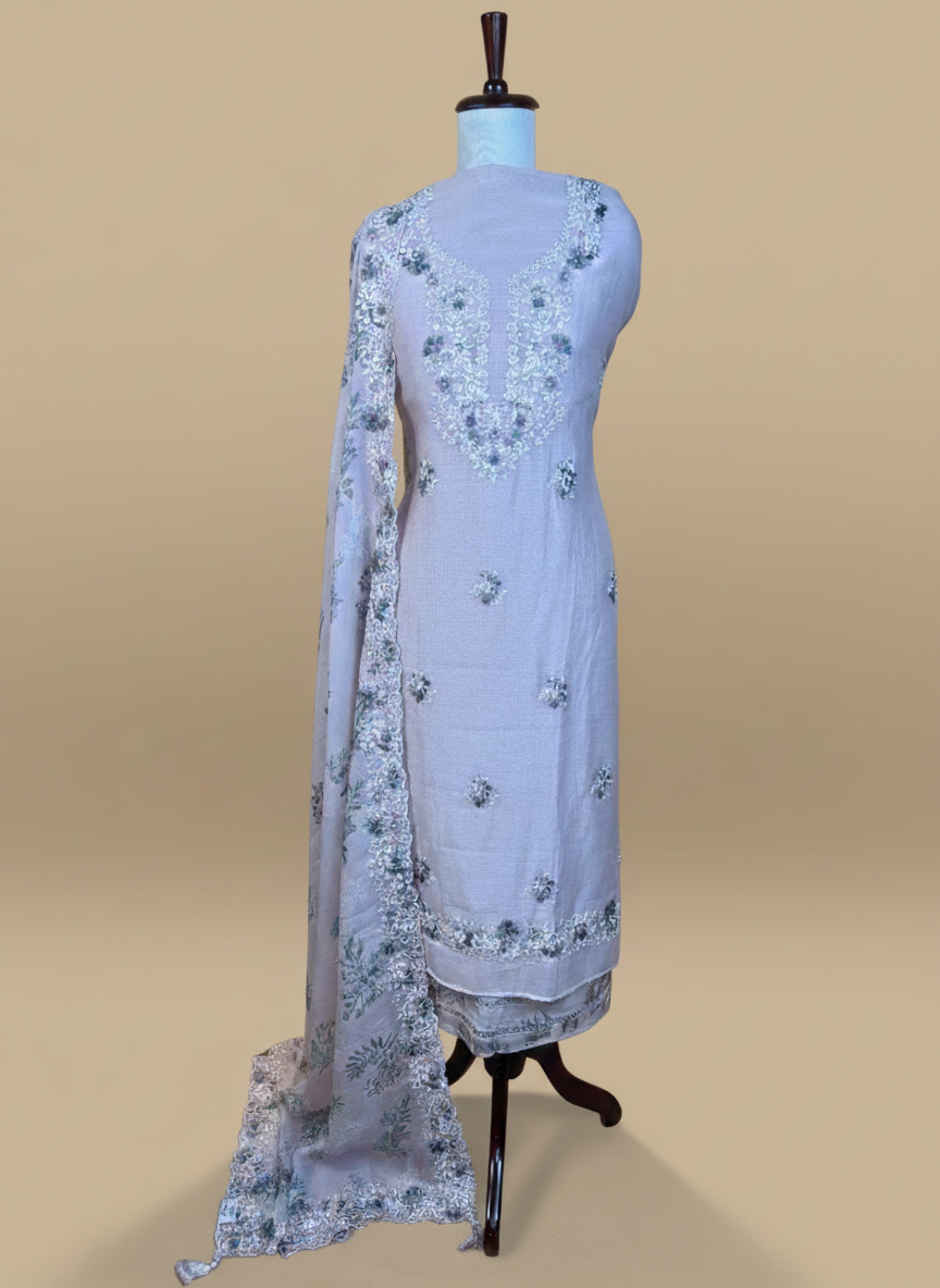 Mulmul Chanderi Embroidery Suit with Printed floral Organza Dupatta