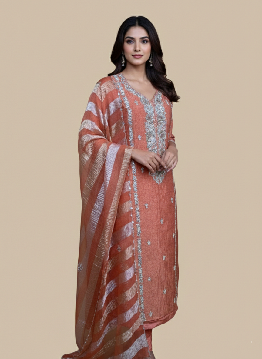 Bright Orange Pure Tissue with Zardozi Frenchknot Pearl Hand Embroidery Suit