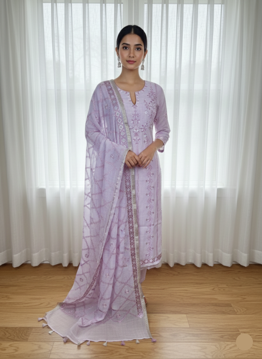 Pure Mulmul Chanderi Jaal Embroidery Suit with Dupatta